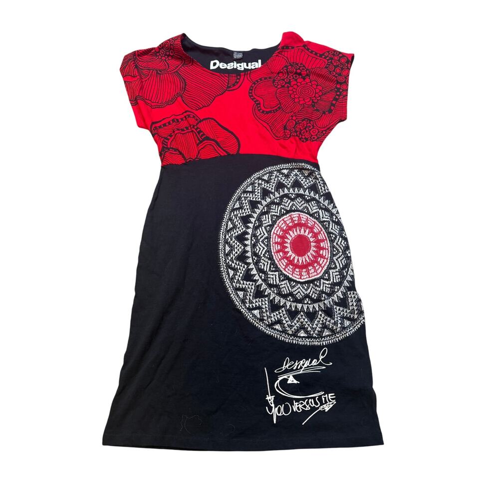 Desigual Dress Black Red Floral Graphic Print Knee‎ Length Casual